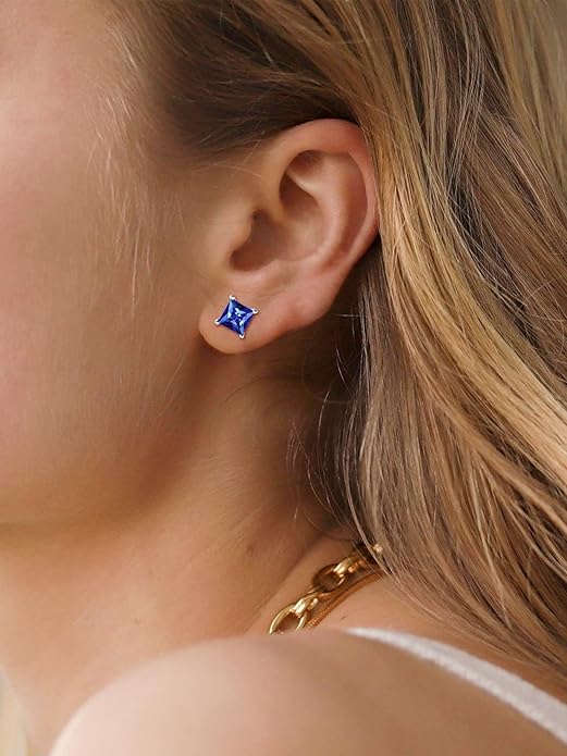 Minimalist Princess Cut Blue Accent Earrings | White Gold-tone