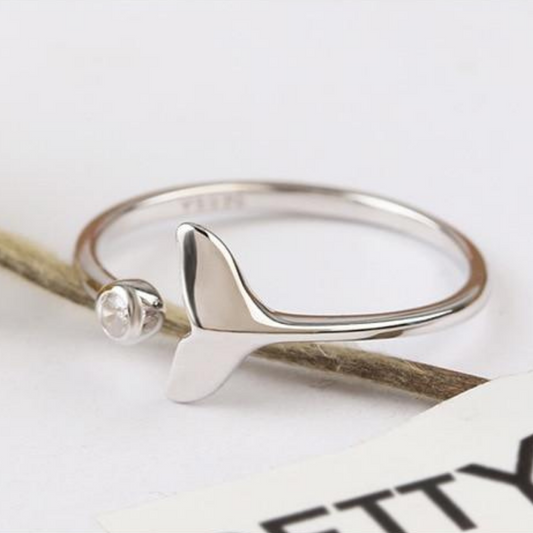Adjustable Silver-tone Cubic Zirconia and Dolphin Tail Ring
