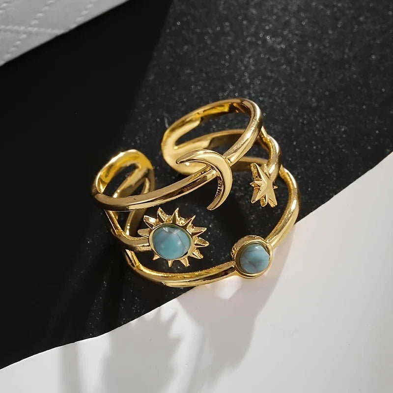 Adjustable Gold-tone Bohemian Sun Moon Ring