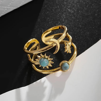 Adjustable Gold-tone Bohemian Sun Moon Ring