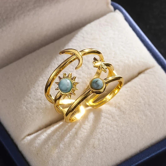 Adjustable Gold-tone Bohemian Sun Moon Ring