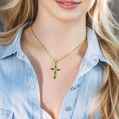Emerald Cross Necklace | Gold-tone