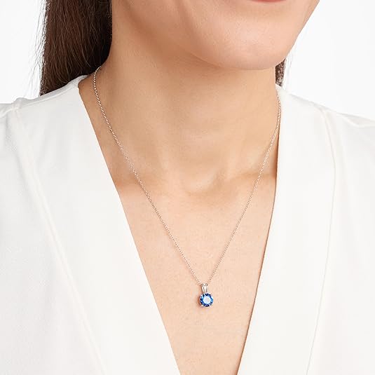 Round Cut Blue Accent Necklace | White Gold-tone
