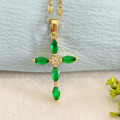 Emerald Cross Necklace | Gold-tone
