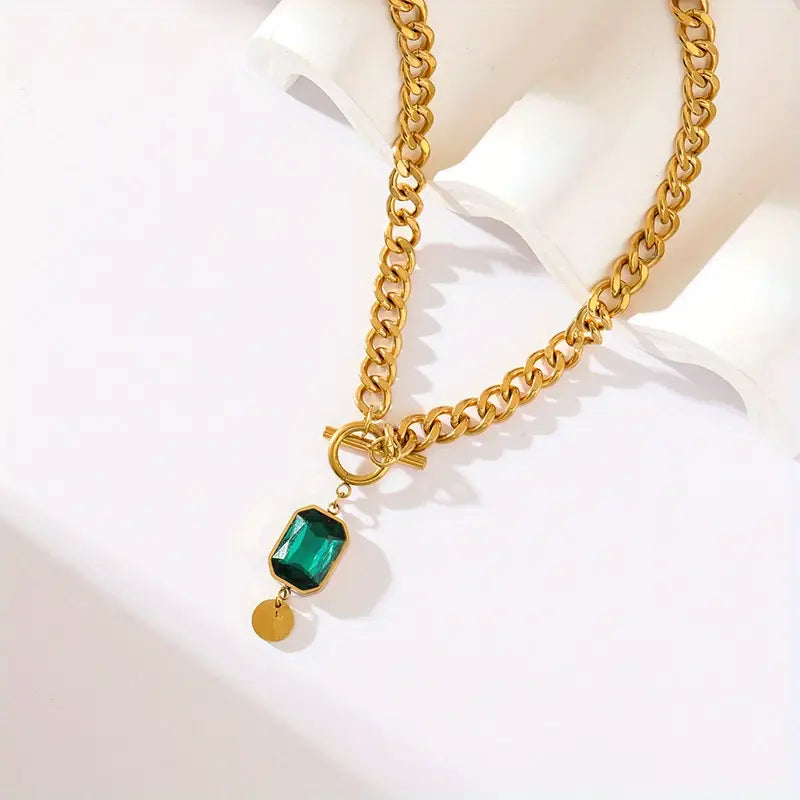 Emerald Pendant Chunky Chain Necklace | Gold-tone