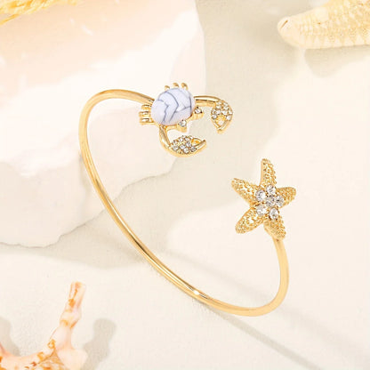 Adjustable Gold-tone Crab Ring with Double-Set Bead