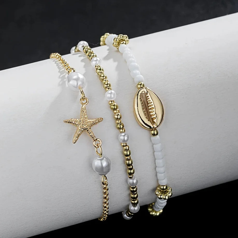 Everyday 3-Piece Gold-tone Star Anklet