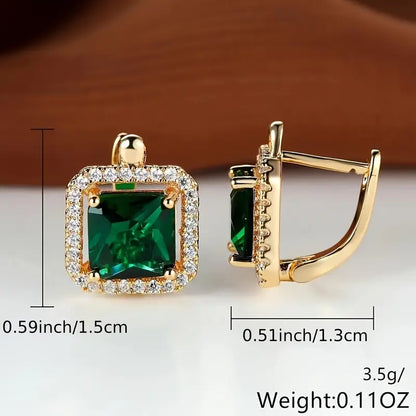 Green square golden cubic zirconia earrings | Gold-tone