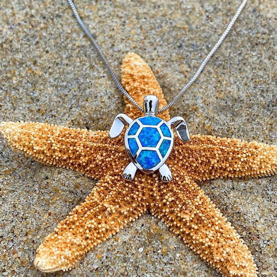 Sea Turtle Opal and Silver color Necklace + Earrings Set