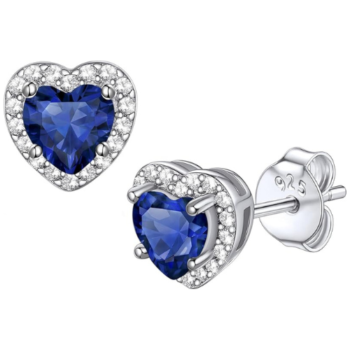Blue Accent Heart Earrings | White Gold-tone
