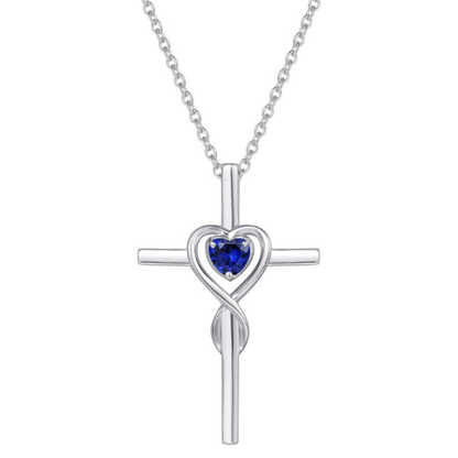 Blue Accent Heart Stone Cross Necklace | White Gold-tone