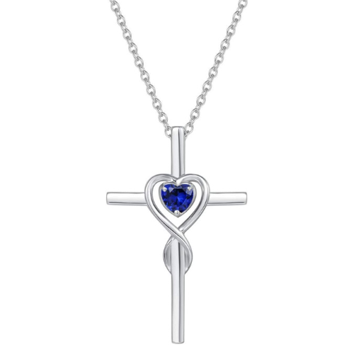 Blue Accent Heart Stone Cross Necklace | White Gold-tone