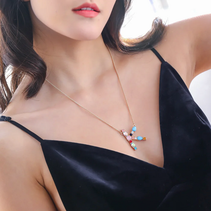 Gold-tone Initial and Accent Stone Necklace