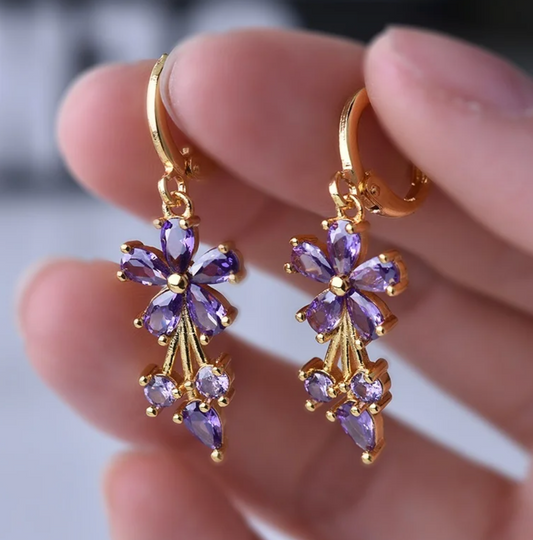 Gold-tone Amethyst Daisy Button Earrings