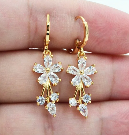 Gold-tone White Crystal Daisy Hoop Earrings