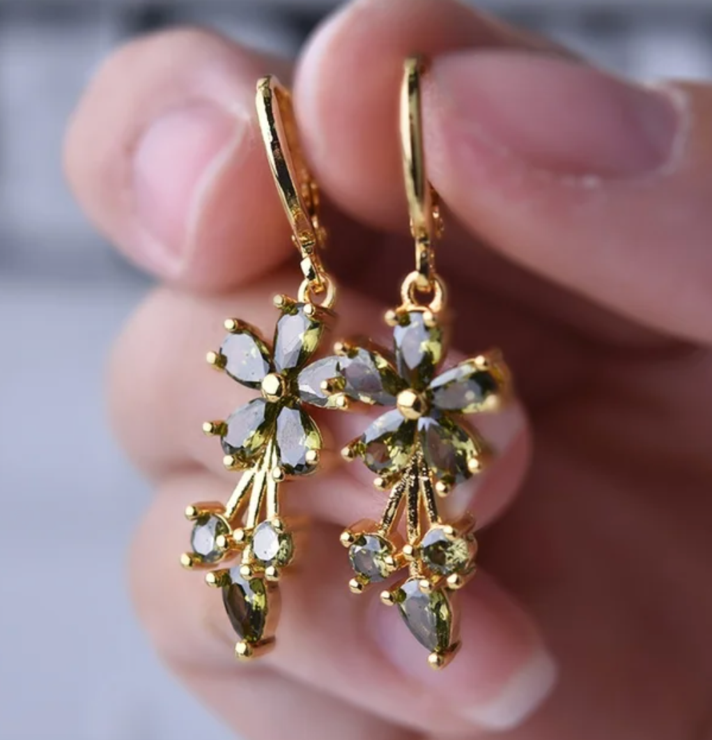 Golden Green Crystal Daisy Hoop Earrings