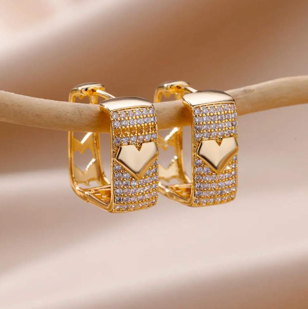 Gold-tone Chunky Heart and Cubic Zirconia Hoop Earrings