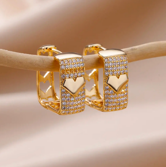 Gold-tone Chunky Heart and Cubic Zirconia Hoop Earrings