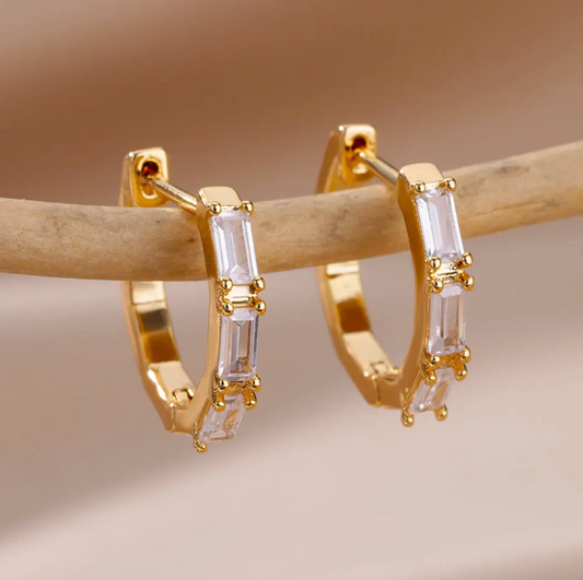 Golden Fine Geometric Crystal Hoop Earrings