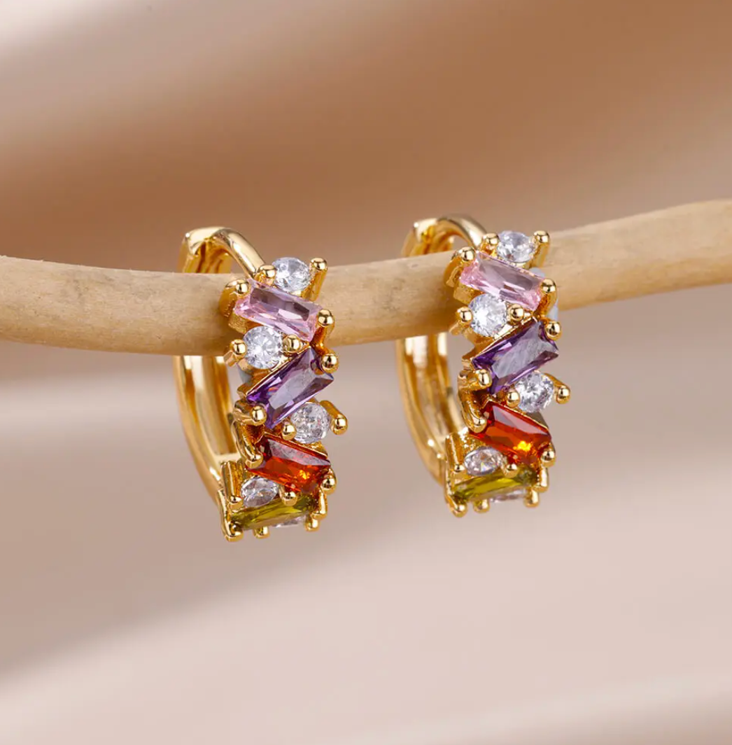 Gold-tone Multicolour Space Crystal Hoop Earrings