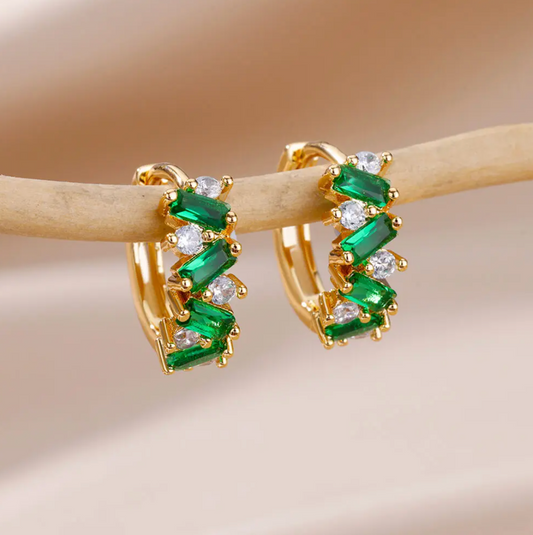 Gold-tone Green Space Crystal Hoop Earrings