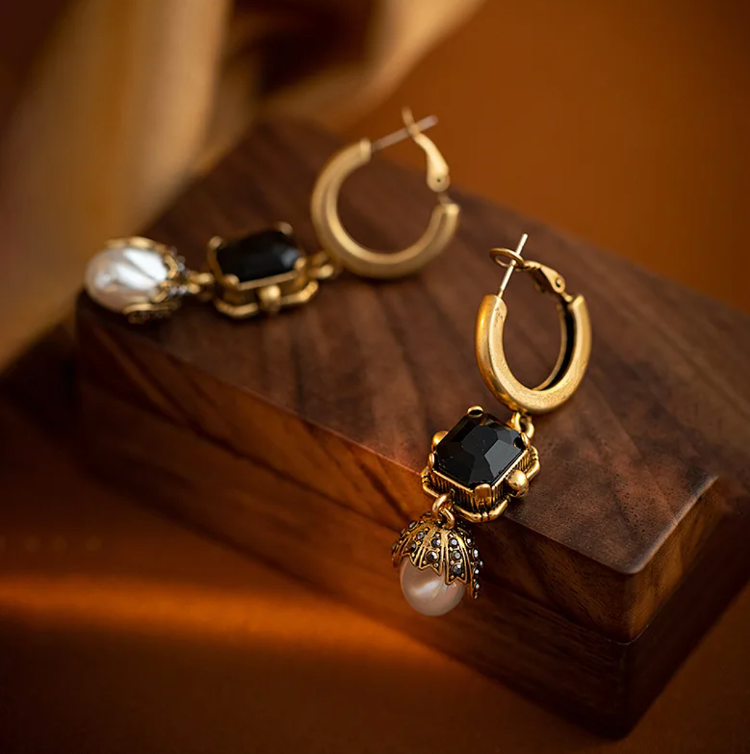 Gold-tone Long Bead and Black Crystal Hoop Earrings