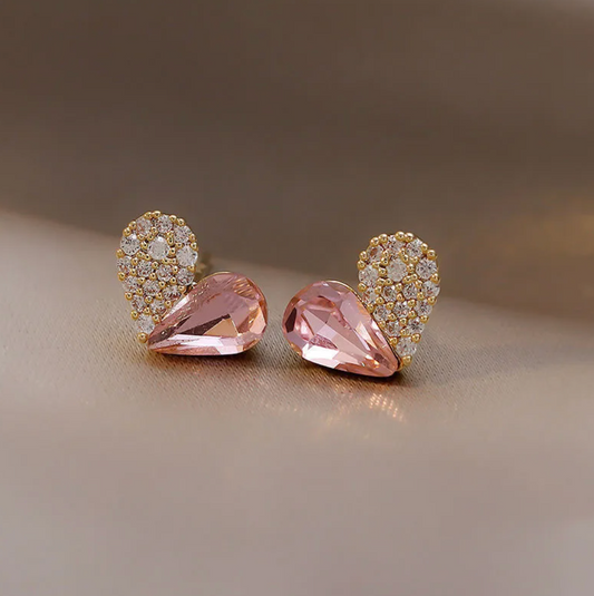 Gold-tone Heart Button Earrings - Half Pink Crystal, Half Cubic Zirconia