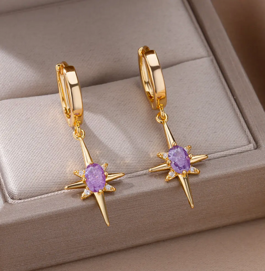 Gold-tone Hoop Earrings with Amethyst Polar Star Pendants