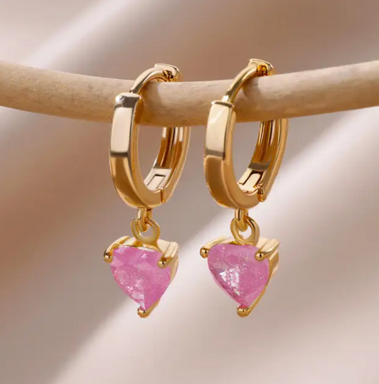 Golden Small Rose Quartz Heart Pendant Hoop Earrings