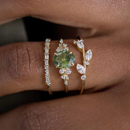 Gold-tone Triple Ring with Leaves and Jade