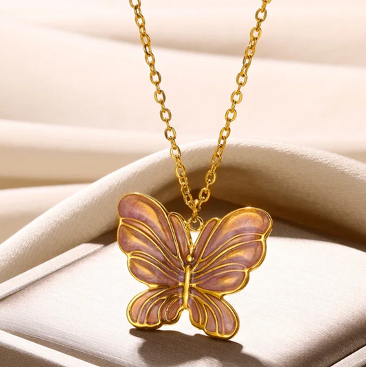 Gold-tone Pink Enamel Butterfly Necklace