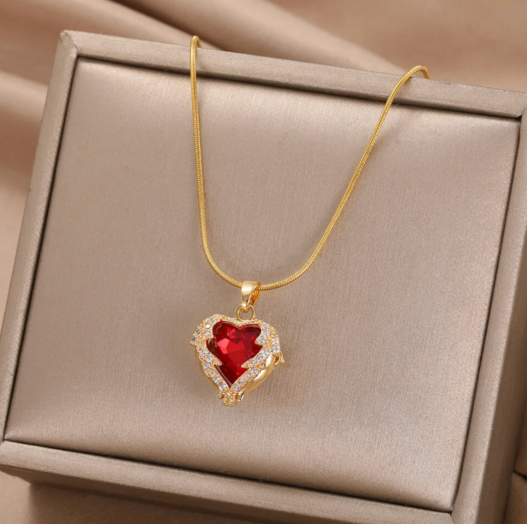Gold-tone Red Heart and Strass Necklace
