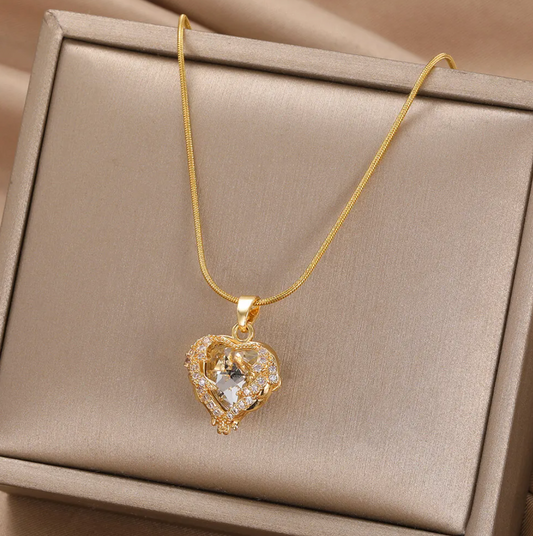 Gold-tone White Heart and Strass Necklace