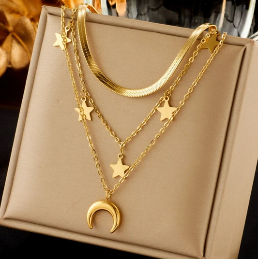 Gold-tone Triple Necklace with Stars, Choker and Moon