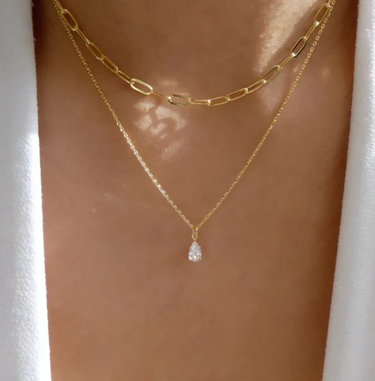 Gold-tone Double Chain Necklace with Chain and Strass