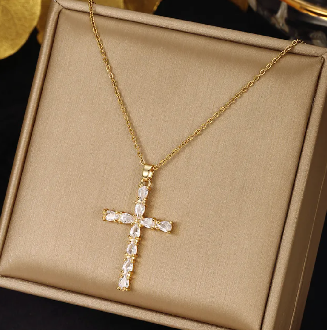 Gold-tone White Cross Necklace with Fine Imitation Crystals