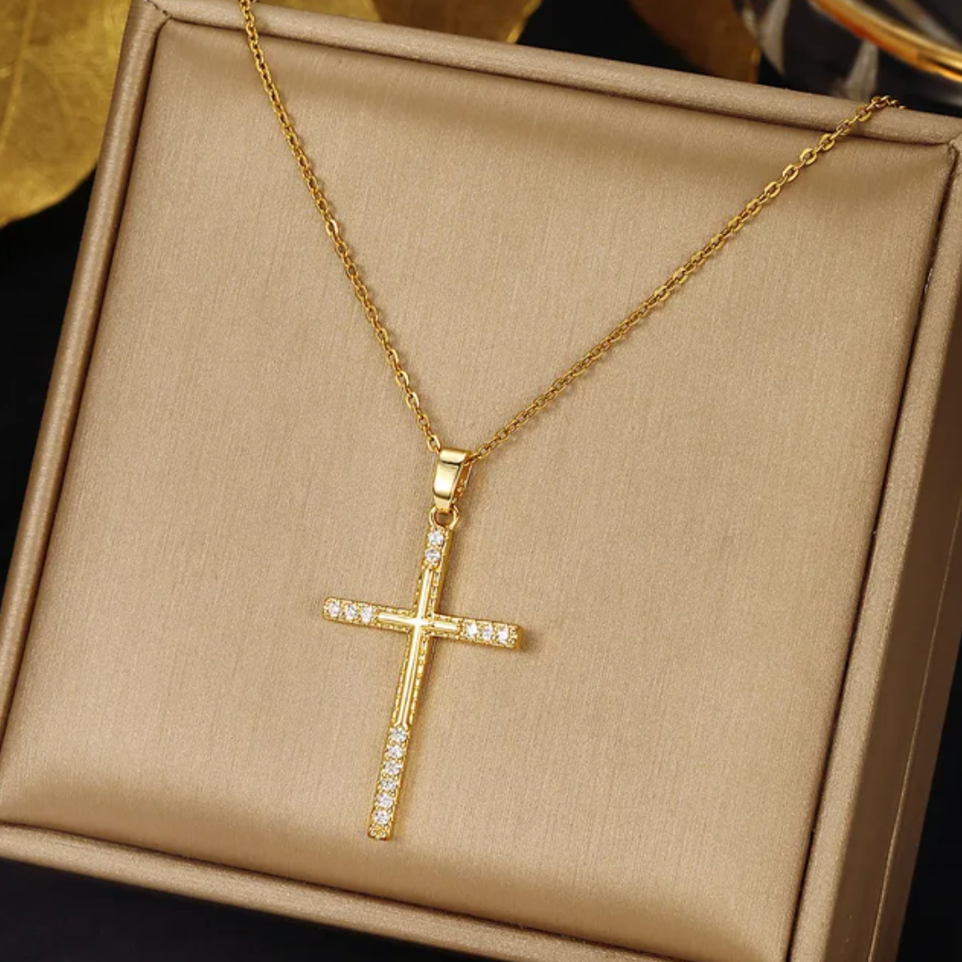 Gold-tone Long Cross Necklace with Cubic Zirconia Stones