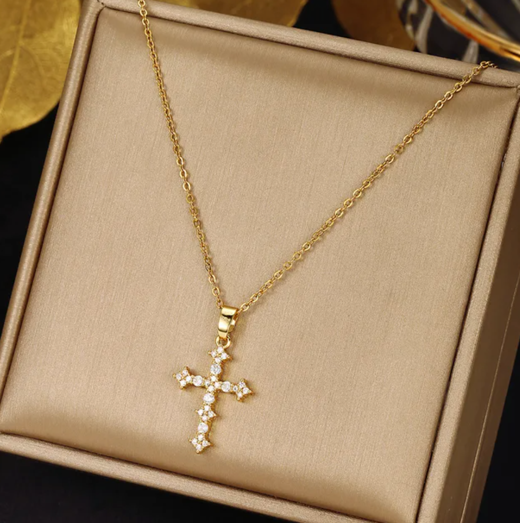 Gold-tone Small Sparkling-Style Cross Necklace
