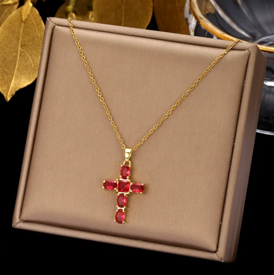 Gold-tone Red Crystal Cross Necklace