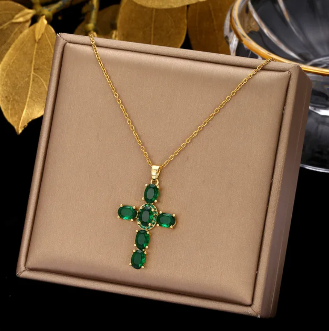 Gold-tone Green Crystal Cross Necklace