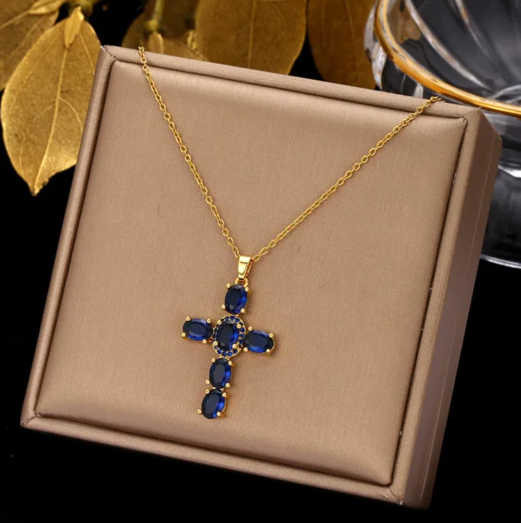 Gold-tone Blue Crystal Cross Necklace