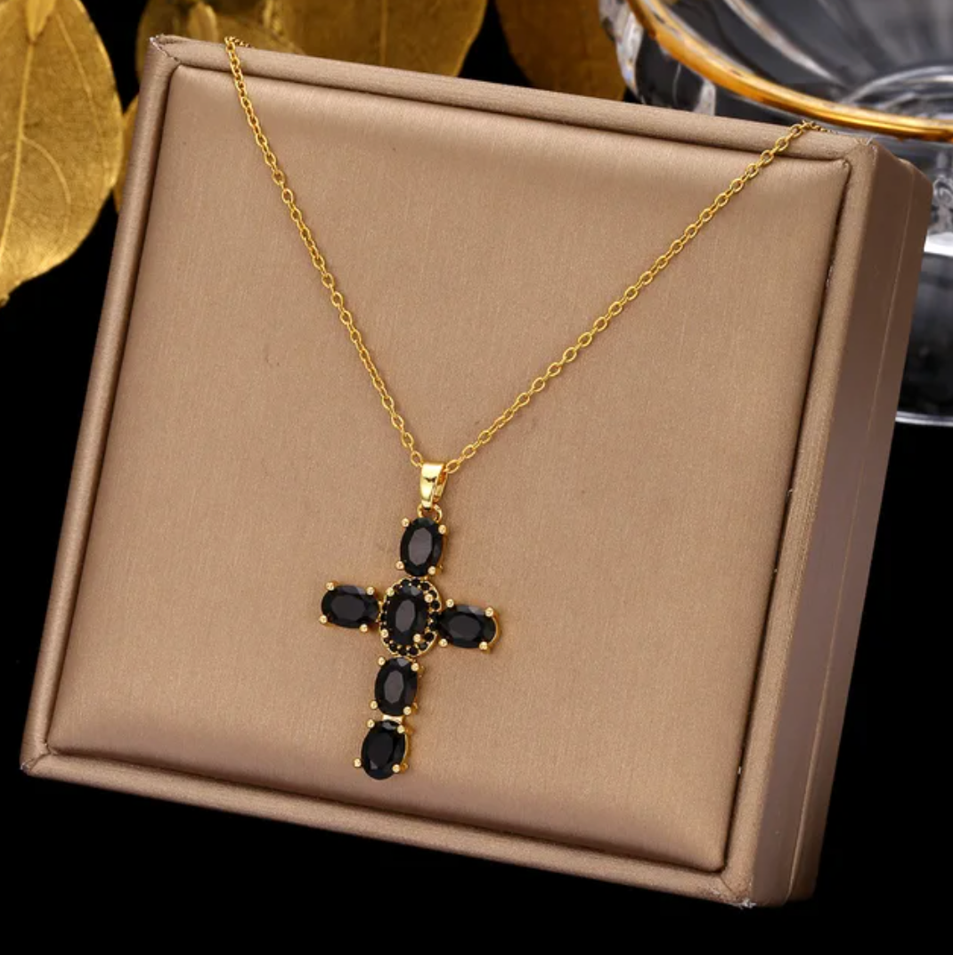 Gold-tone Black Crystal Cross Necklace