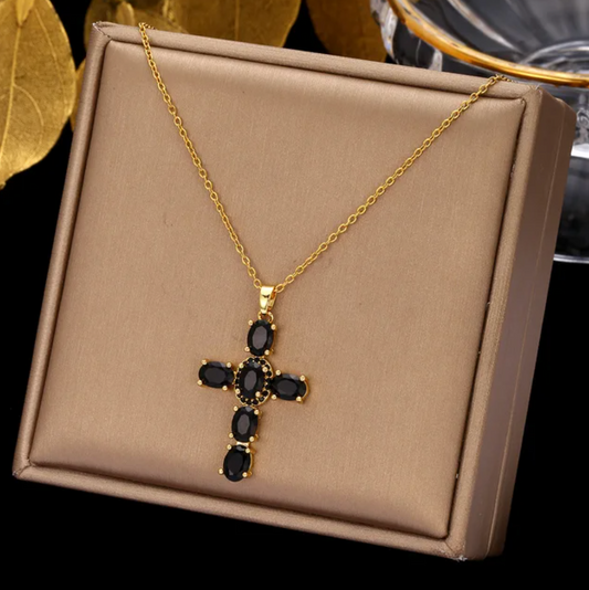 Gold-tone Black Crystal Cross Necklace