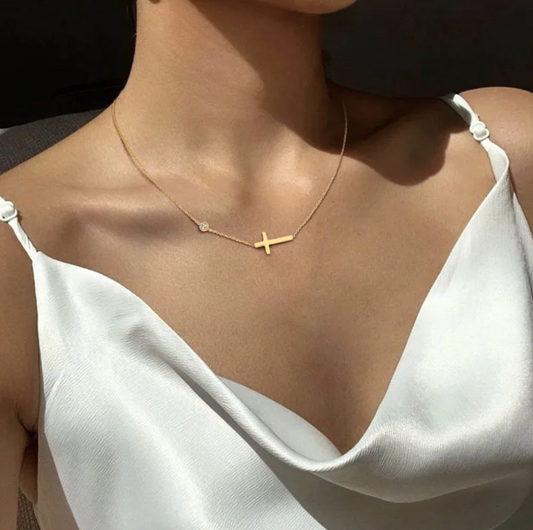 Gold-tone Classic Cross and Strass Necklace