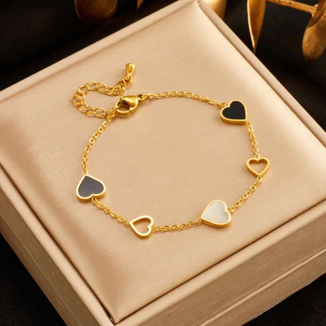Gold-tone Black and White Hearts Bracelet