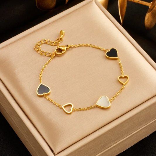 Gold-tone Black and White Hearts Bracelet