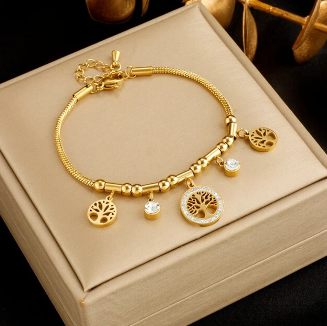 Gold-tone Bracelet with 3 Trees of Life and Strass