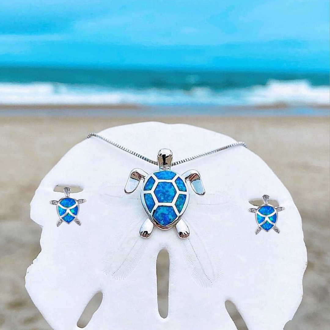 Sea Turtle Opal and Silver color Necklace + Earrings Set