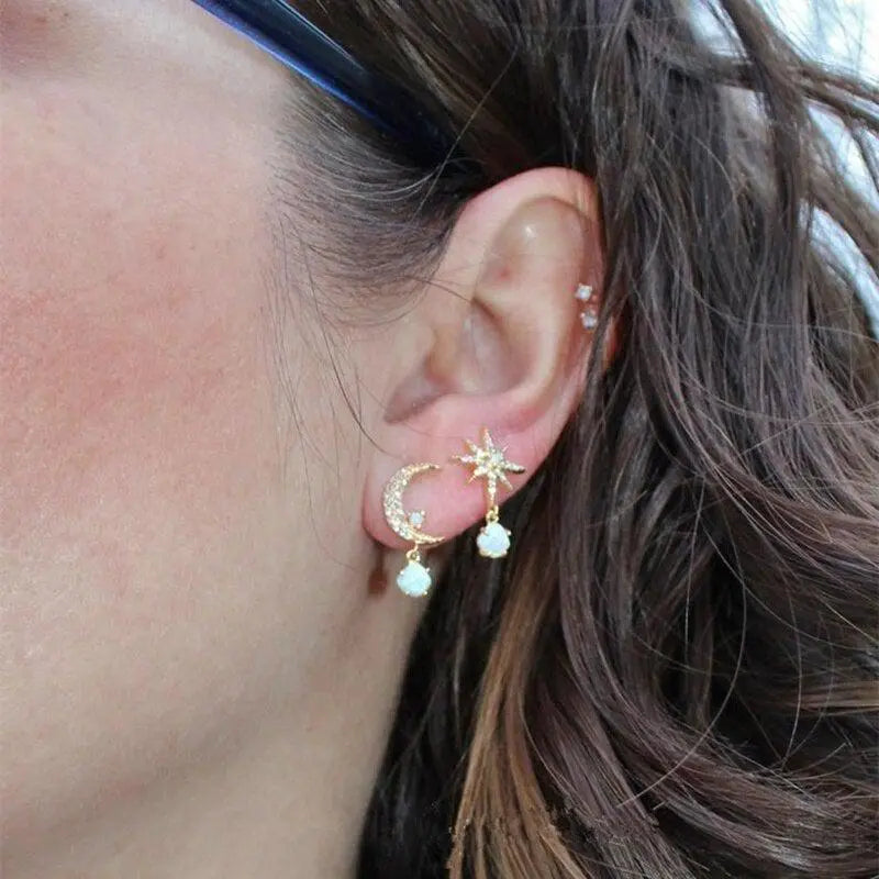 Gold-tone and Iridescent Moon and Star Earrings