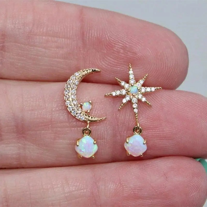 Gold-tone and Iridescent Moon and Star Earrings